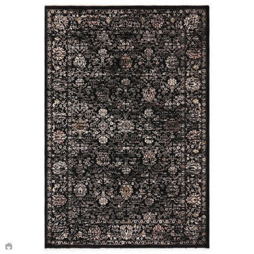 Sovereign Traditional Persian Vintage Floral Distressed Shimmer Border Soft-Touch Ribbed Textured Polyester Low Profile Short Pile Fringe Black/Grey/Multi Rug-Asiatic Carpets-Rug Love - The Most Loved Rug Store